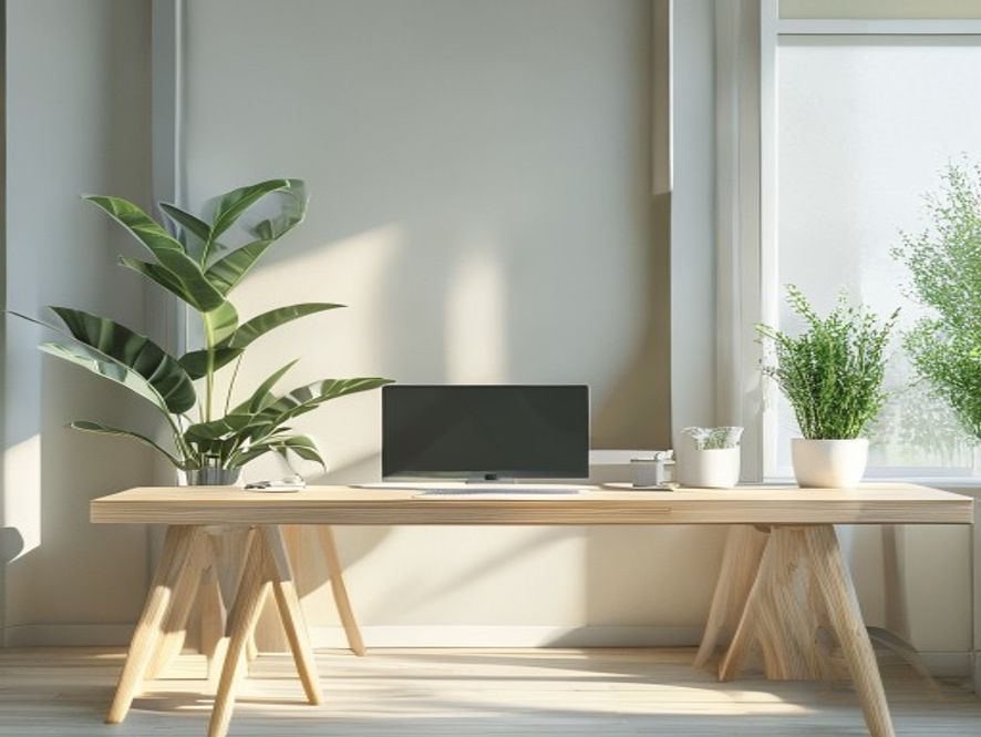 Modern office workspace with plants and natural light