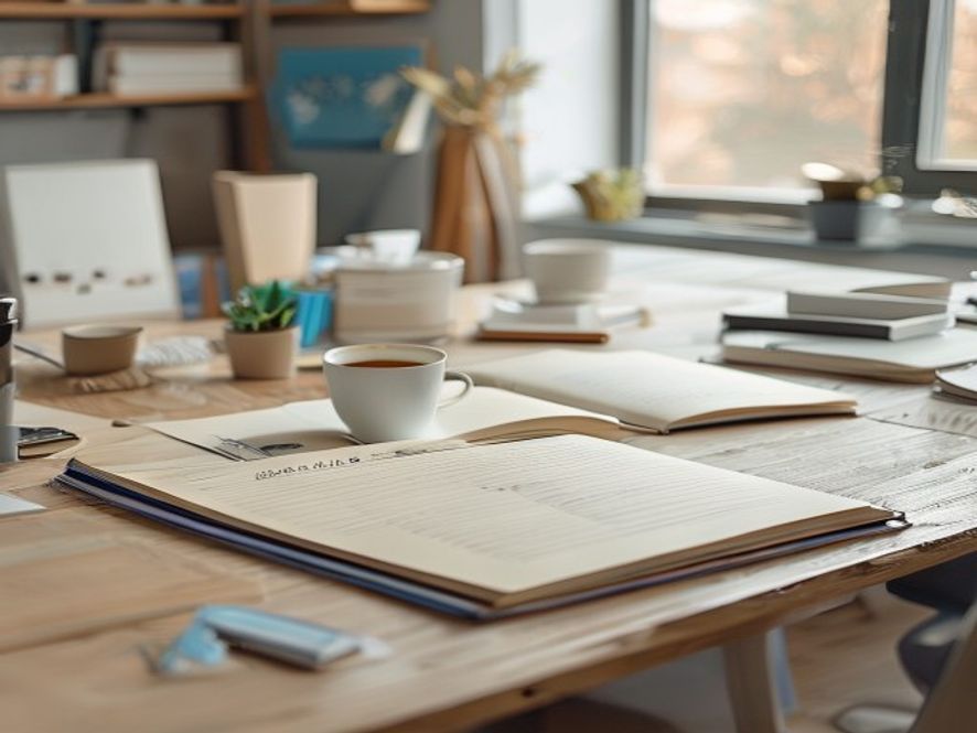 Collaborative workspace with notebooks and coffee